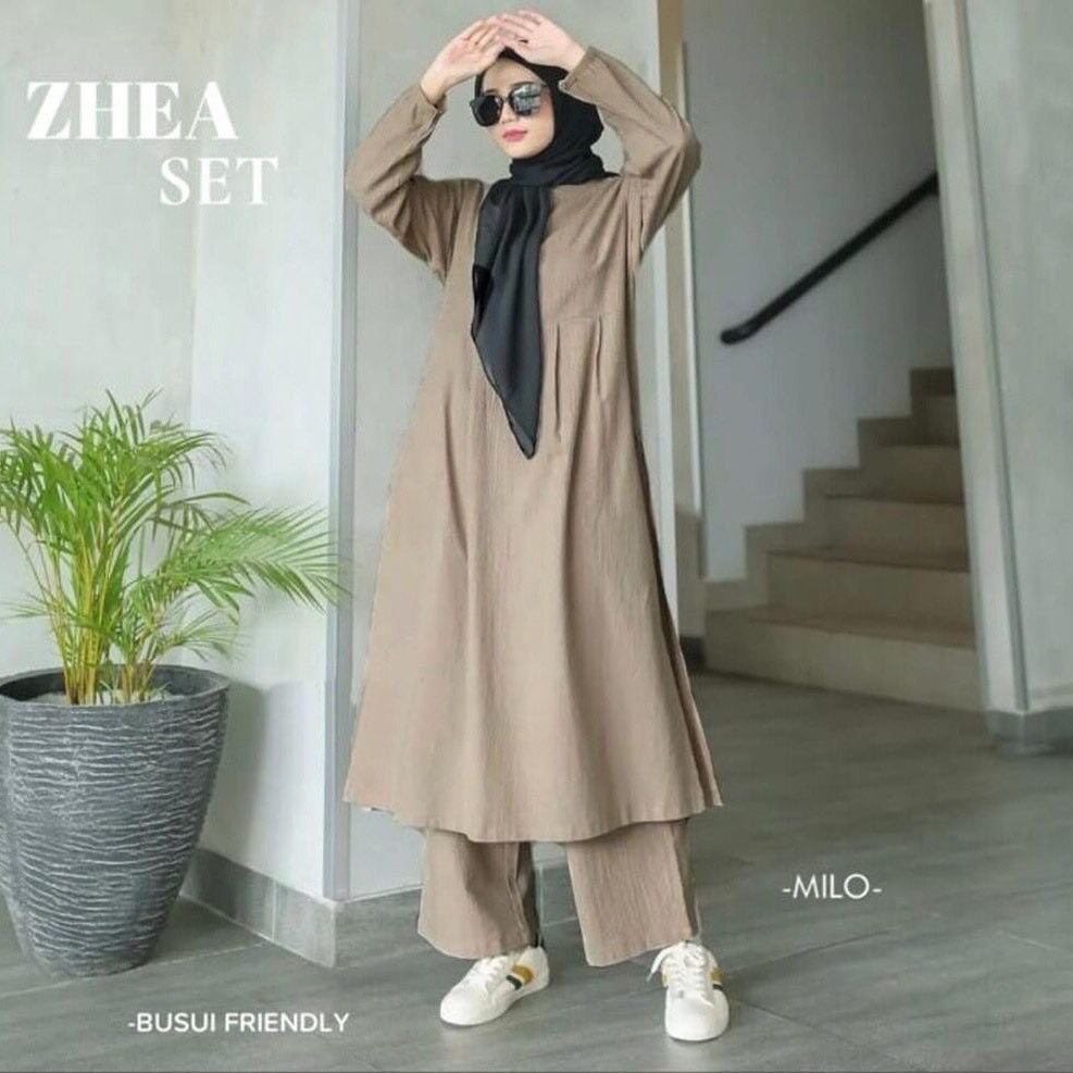 Jual Zhea Set Setelan Kekinian Cewek 2023 Bahan Katun Line Tunik Dan ...