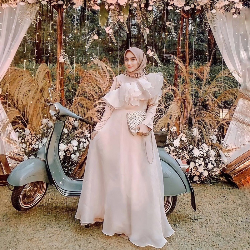 Jual NESY GOWN Gaun wanita muslim dress gamis hijab A line maxi dress longsleeves tangan panjang longdress gown big size jumbo ukuran besar ruffle rumbai baju prom promnight organza organdi casual