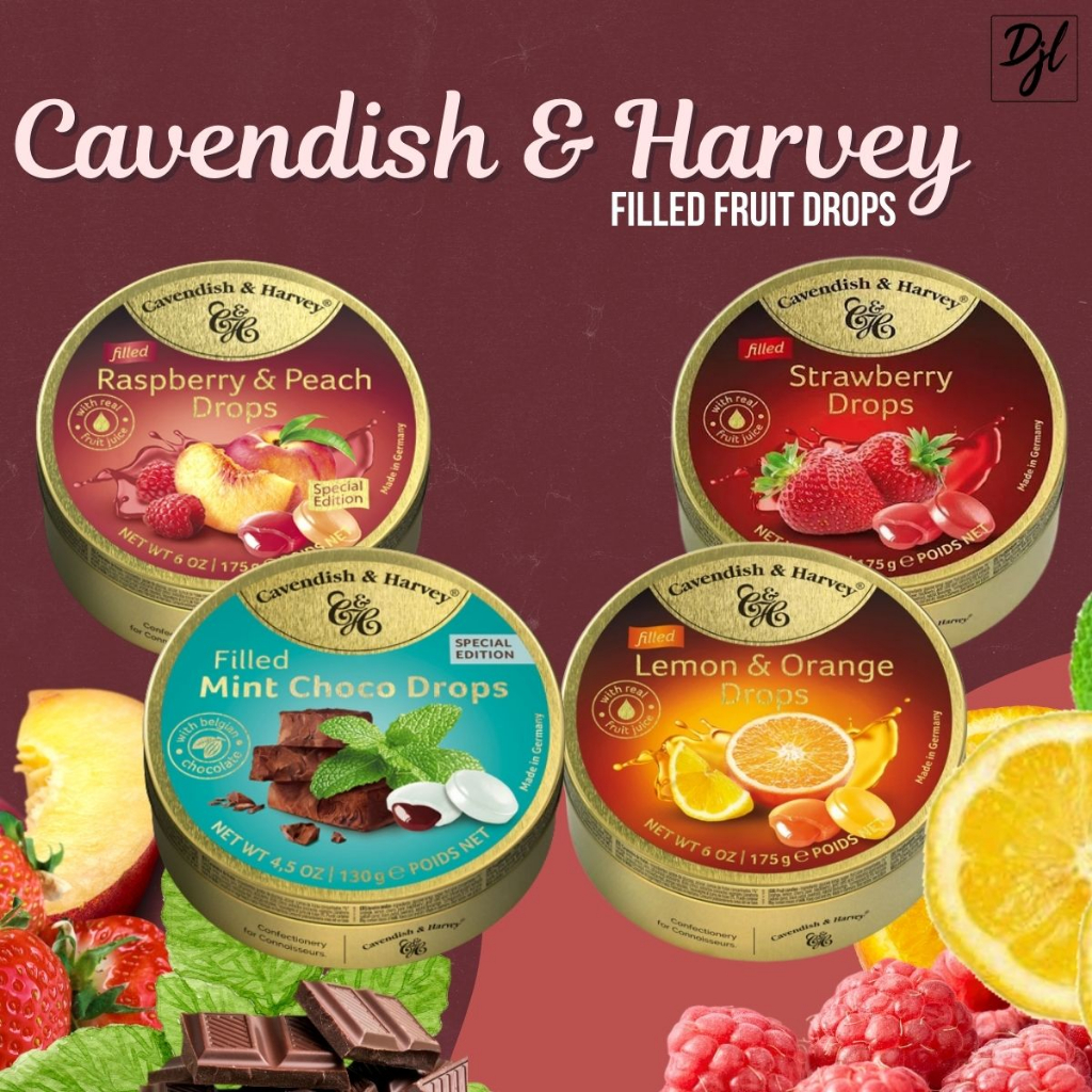 Pack Of 6 Cavendish & Harvey Raspberry & Peach Filled Drops In Tin – Premium Fruit Flavoured Travel Sweets With Real Fruit Juice, Hard-Boiled Candy Confectionery – Each H4 X 9.7cm Dia