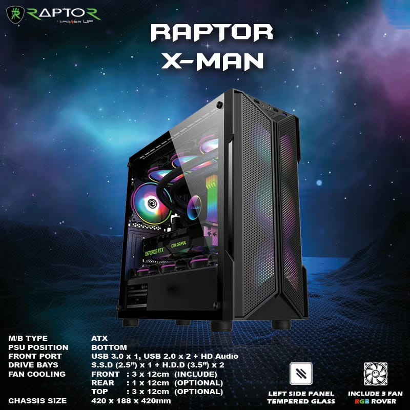 Jual Casing Gaming RAPTOR X-MAN - include 3 FAN RGB ROVER | Shopee ...