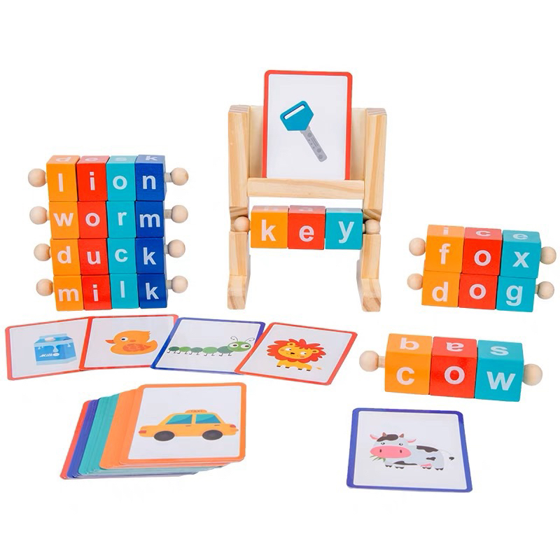 Jual wooden block spelling game matching letter with flash card belajar ...