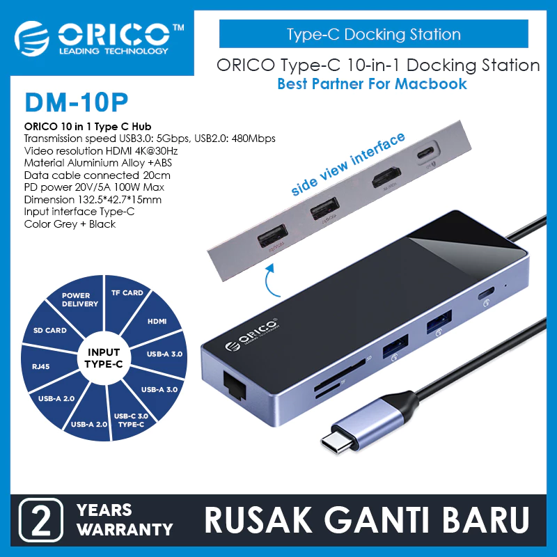 ORICO 10 in 1 Type C Hub USB-A3.0/2.0 Type C PD 100W HDMI RJ45 TF SD Card - DM-10P
