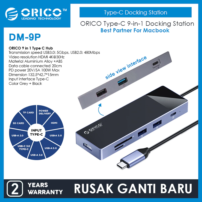 ORICO 9 in 1 Type C to USB-A3.0/2.0 USB-C PD 100W HDMI TF SD Card- DM-9P