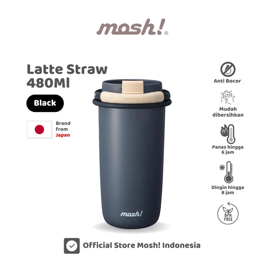 Mosh Latte Straw Tumbler Stainless Steel 480ML - Botol Minum Termos Tahan Panas dan Dingin - Black