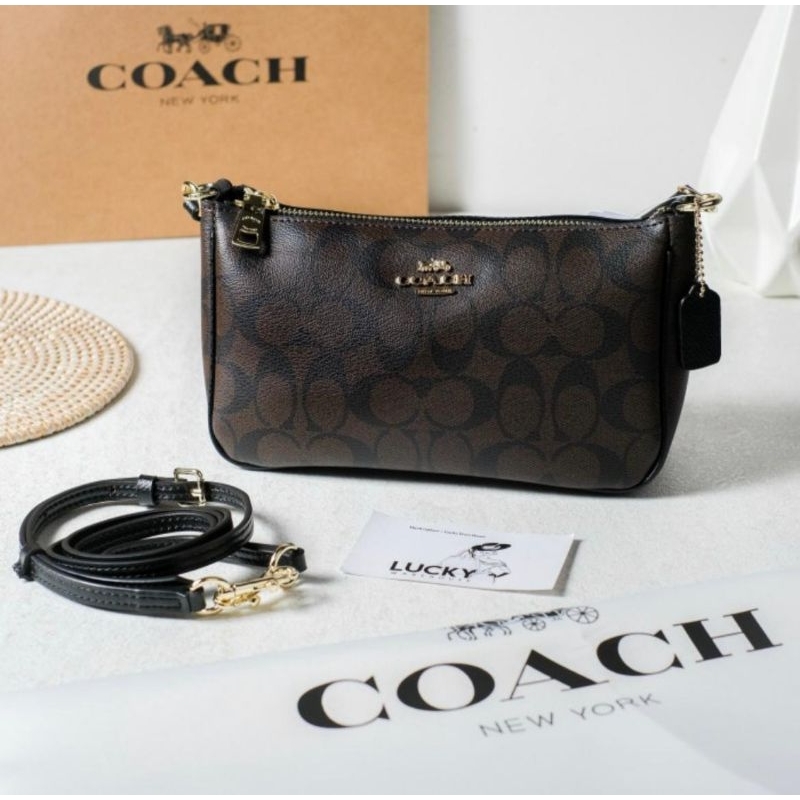 Jual Coach Top Handle Pouch In Signature Brown Black ORIGINAL 100