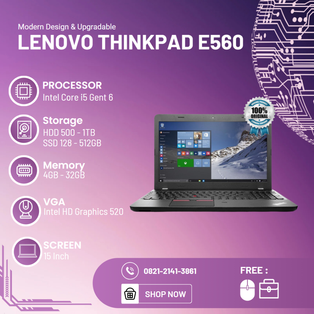 Jual Laptop Gaming Lenovo ThinkPad E560 Core i5-6 AMD A6 Mulus