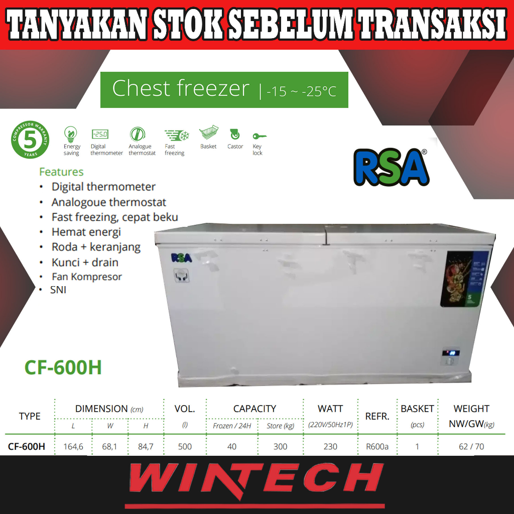 Jual RSA CF-600-H CF600H CF 600H Chest Freezer - Box Pembeku - Kabinet ...