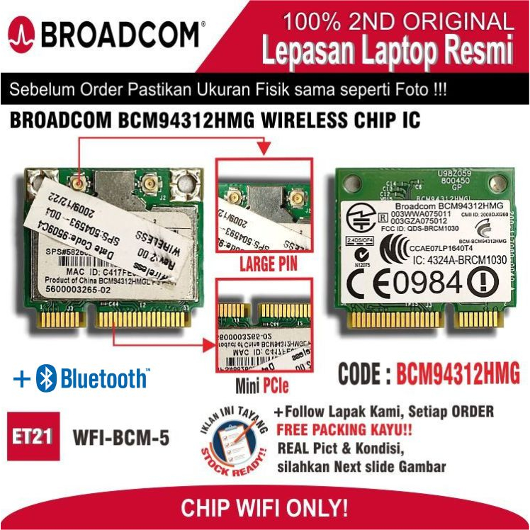 Jual ET21 WFIBCM5 Internal WiFi Card WiFi Chip Laptop Notebook