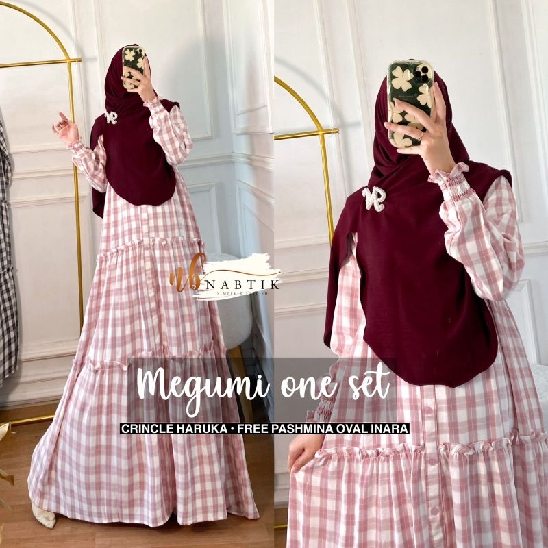Jual Dress gamis crinkel set hijab Megumi syari gamis kotak kotak by nabtik Shopee Indonesia