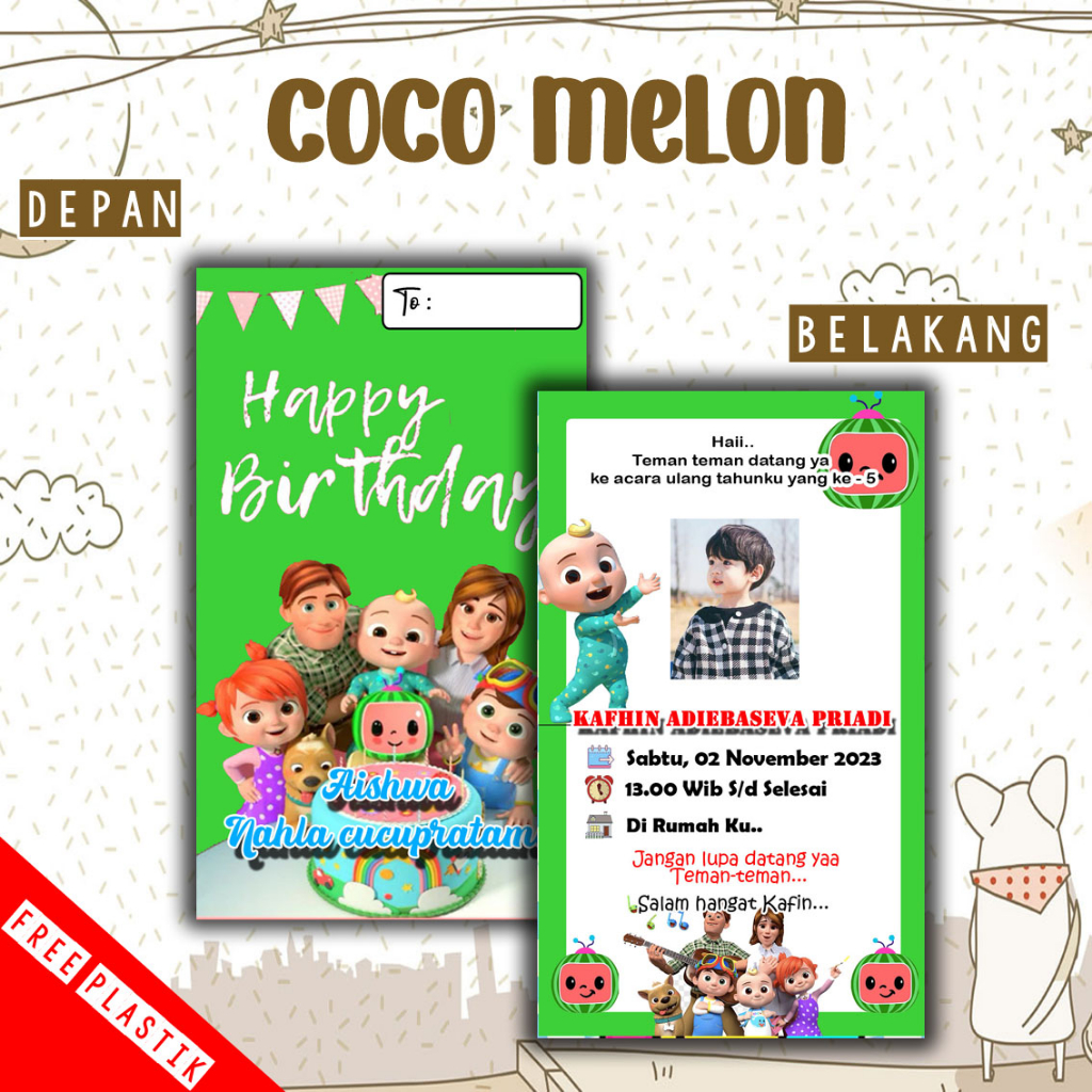 Jual Undangan Karakter COCOMELON 1 (30 PCS / 50 PCS) / Undangan ulang