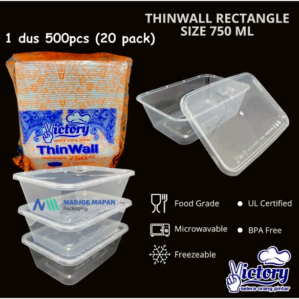 Jual Thinwall Rectangle 750ml Victory Kotak Makan Plastik Tepak Food Container Box Salad 1535