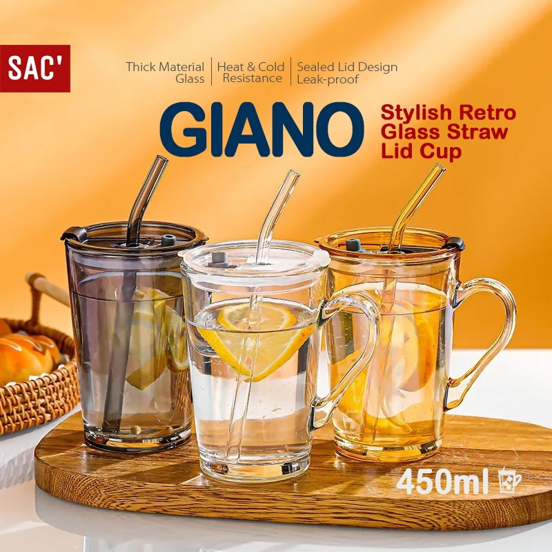 Jual 𝙎𝘼𝘾 Giano Coffee Glass Mug Cup Tumbler Gelas Minum Kopi Kaca Sedotan Tutup Cangkir Gelas 6692