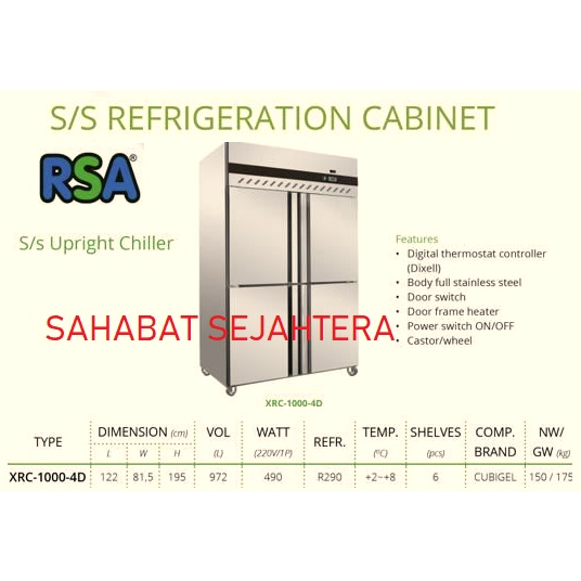 Jual RSA Stainless Steel Upright Chiller XRC-1000-4D Chiller Stainless ...