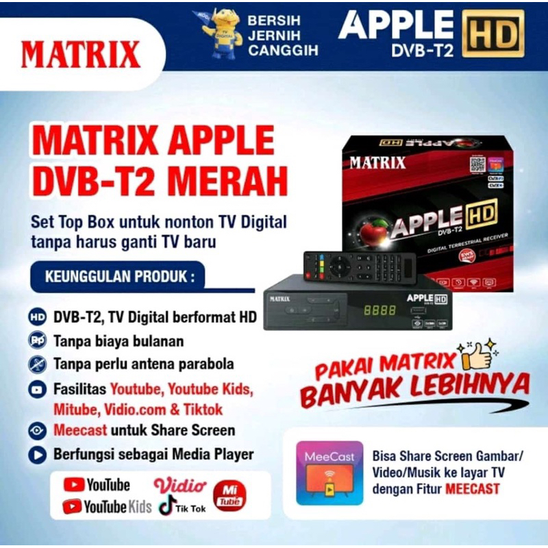 Jual STB SET TOP BOX DVBT2 MATRIX APPLE MERAH UNTUK SIARAN TV DIGITAL