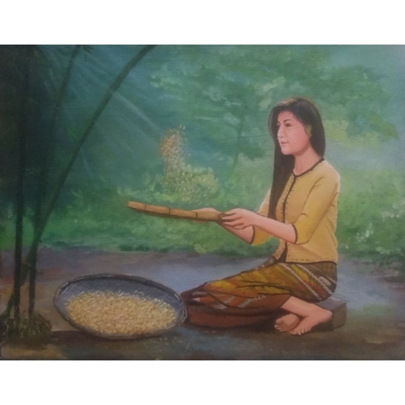 Jual lukisan media kain kanvas ,desa jaman dulu,ukuran 40x50cm