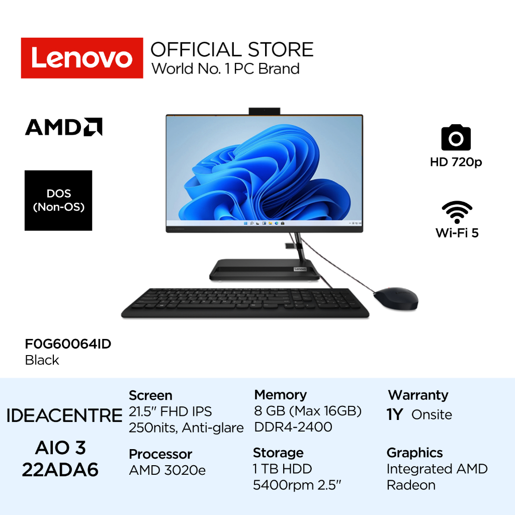 Jual Lenovo Pc Ideacentre Aio 3 22ada6 Amd 3020e Dos 8gb 1tb Hdd 25 Sata 215 Fhd Ips 5579