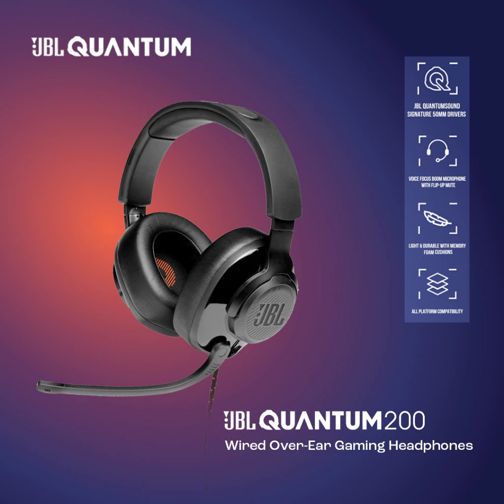 JBL Quantum 200 Wired Over-Ear Gaming Headset with Flip-up Mic - Garansi Resmi