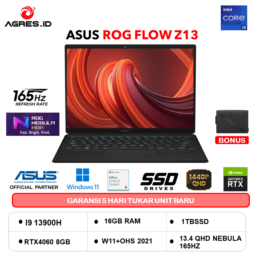 Jual ASUS ROG FLOW Z13 GZ301VV TOUCH I9 13900H RTX4060 8GB/ 16GB 1TB