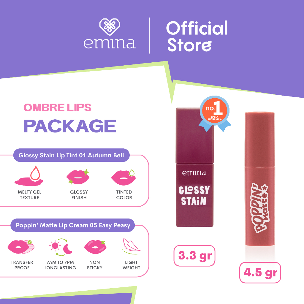 Jual Emina Ombre Lips Package (Glossy Stain 01 & Poppin Matte 05