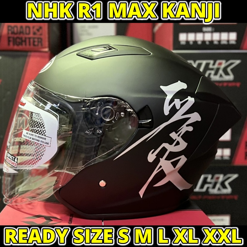 Jual Helm NHK R1 Max Kanji Black Silver Doff Half Face Double Visor ...