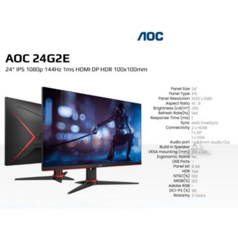 Jual Monitor Gaming AOC 24G2E IPS Panel FullHD 1920x1080p 144Hz 1ms