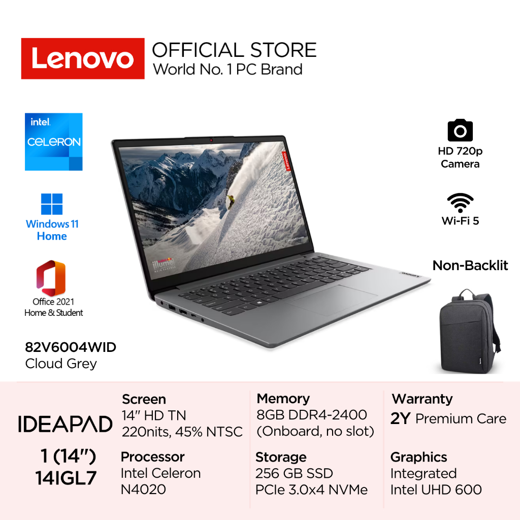 Jual Lenovo IdeaPad Slim 1 14IGL7 4WID Intel Celeron N4020 Win11 8GB 256GB SSD 14" HD TN