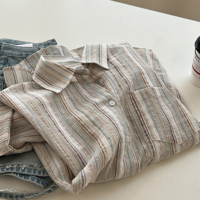 Jual Kemeja wanita import kekinian blouse wanita Kekinian stripe loose