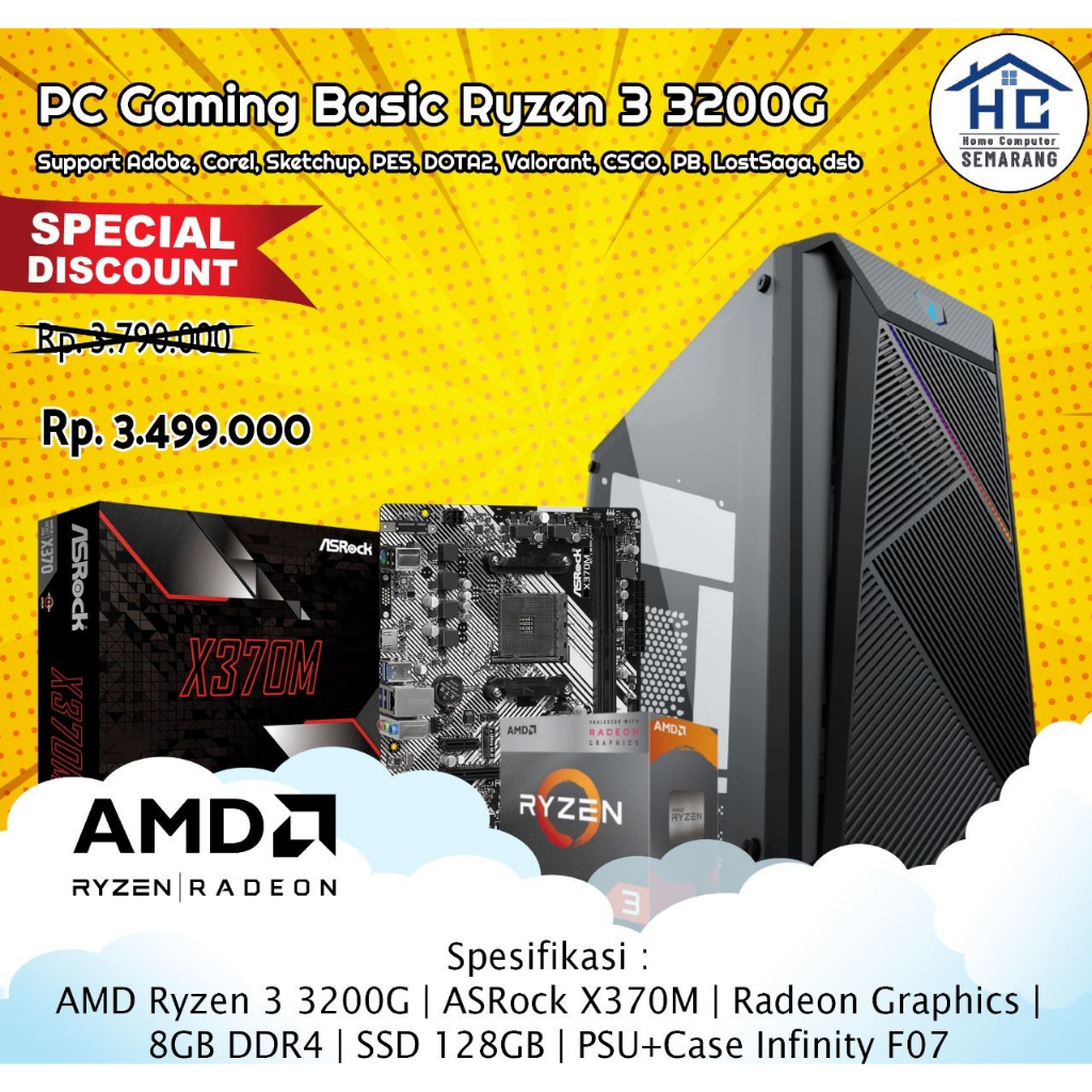 Jual PC Custom Gaming Office AMD Ryzen 3 3200G RAM 8GB SSD 128