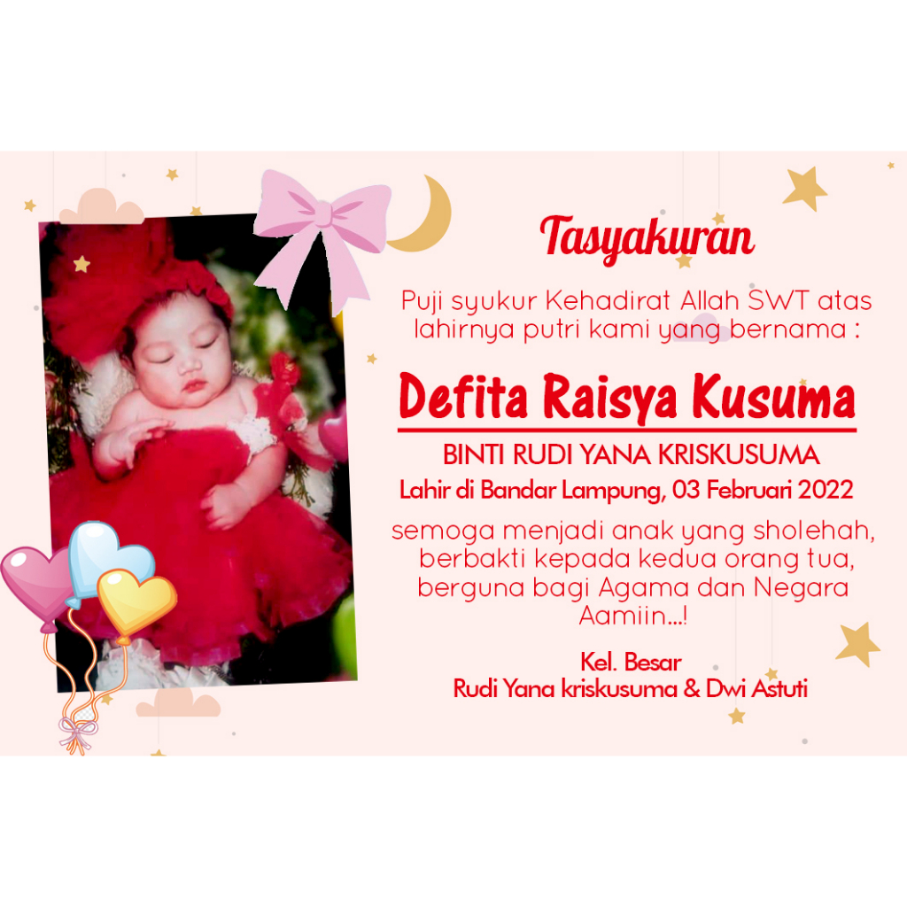 Jual Cetak Kartu Ucapan Tasyakuran Aqiqah / Kembang Telor Tasyakuran