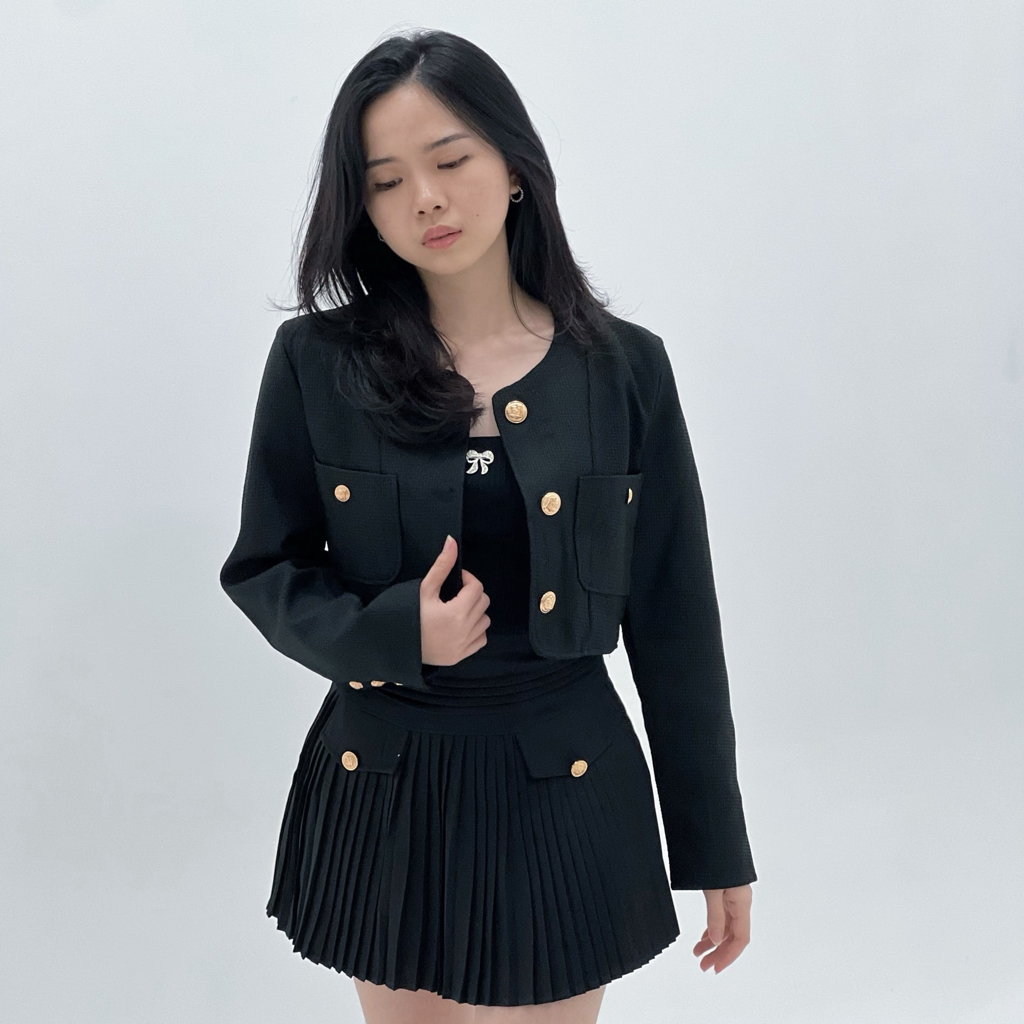 Jual Nadine Blazer Wanita Korea Tweed Crop Kerja Hijab | Shopee Indonesia