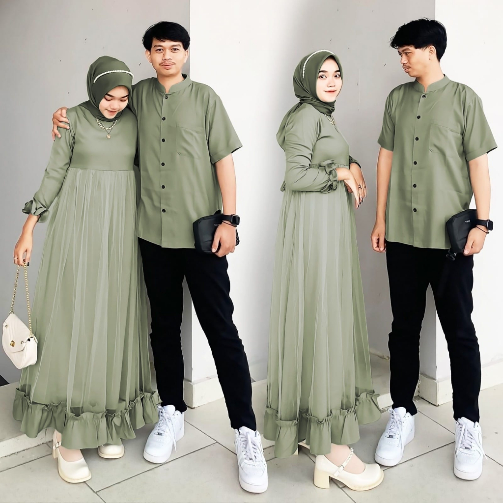 Jual Baju Couple Gamis Dan Kemeja Sage Pria Wanita Pasangan Keluarga Suami Istri Pesta Kondangan 2995