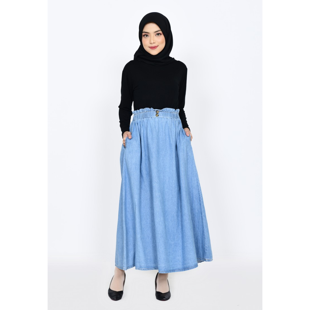 Jual Rok Panjang Jeans Wanita Pinggang Karet Lebar Fit XXL Jumbo ...
