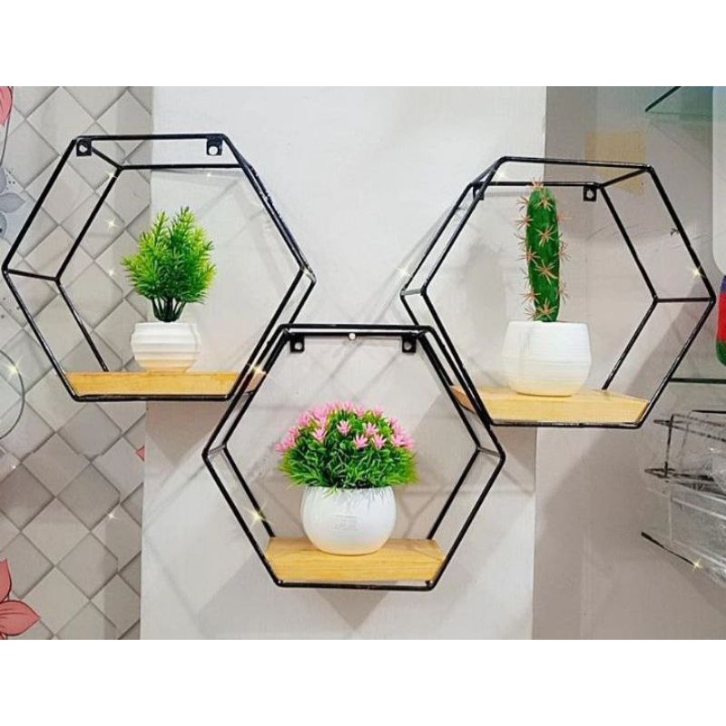Jual Rak hexagonal besi+kayu isi 3 | Shopee Indonesia