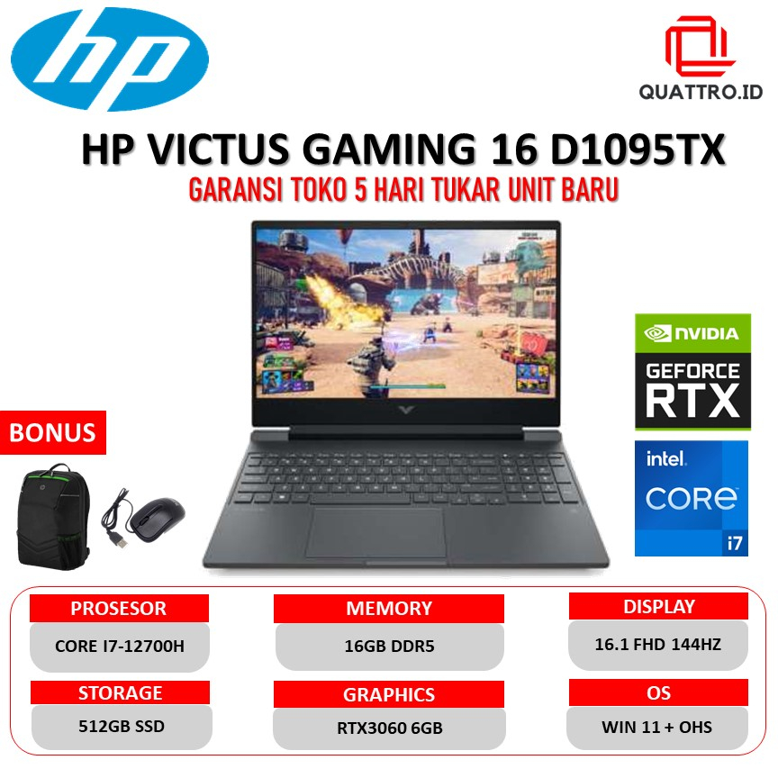 Jual HP Victus 16 D1095TX RTX3060 6GB/ i7 12700H 16GB 512GB SSD FHD IPS ...