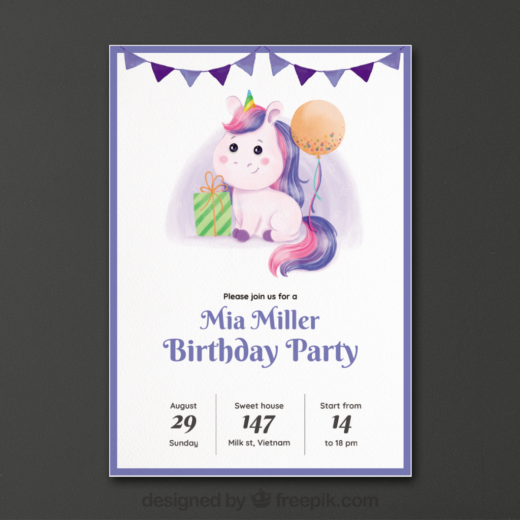 Jual Cetak undangan ulang tahun unicorn flat desain / undangan ultah