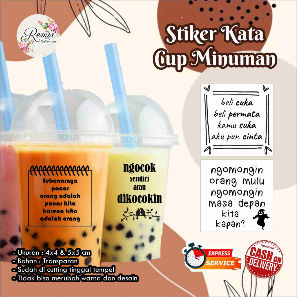 Jual STIKER TRANSPARAN KATA RECEH CUP MINUMAN / LABEL KOTAK / TOPLES