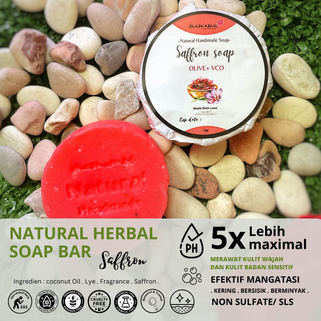 Sabun saffron soap bar bantu penderita eksim eczima & gatal melembabkan mencerahkan kulit sabun organik natural herbal rempah handmade busui bumil Aman eco friendly & zero waste by mamimoe mamamu