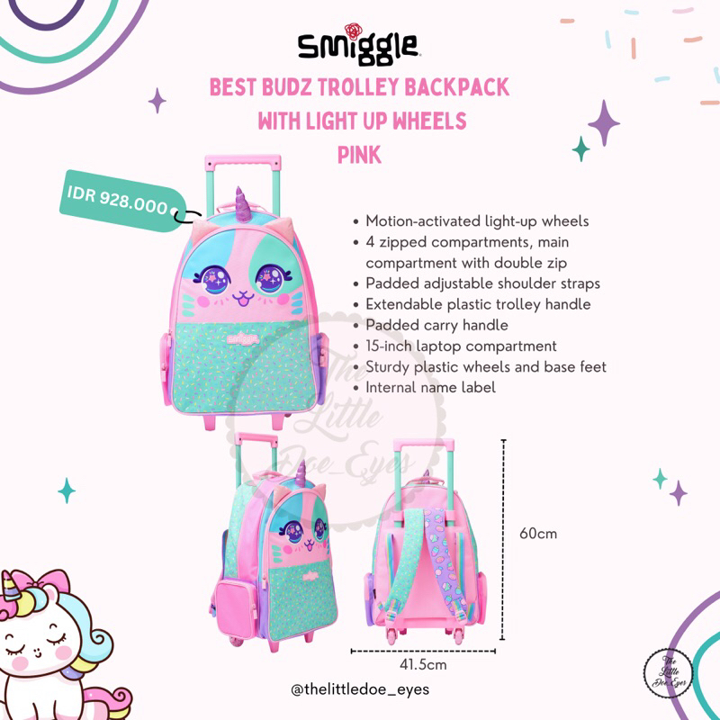 Smiggle Best Budz Trolley Backpack With Light Up Wheels Original