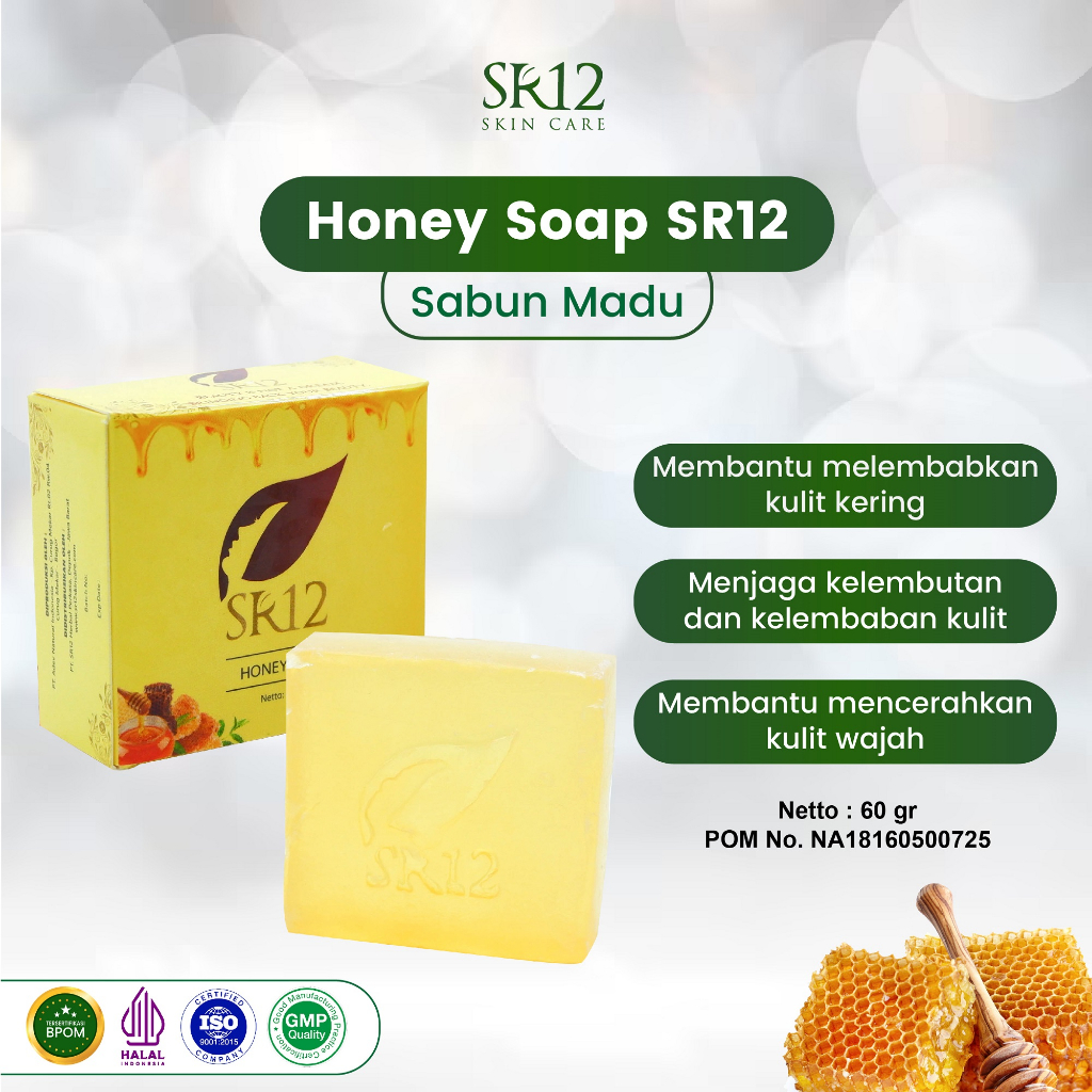 Sabun Madu SR12 Skincare - Honey Soap Bar Pembersih Wajah - Mencerahkan Kulit & Pelembab Wajah