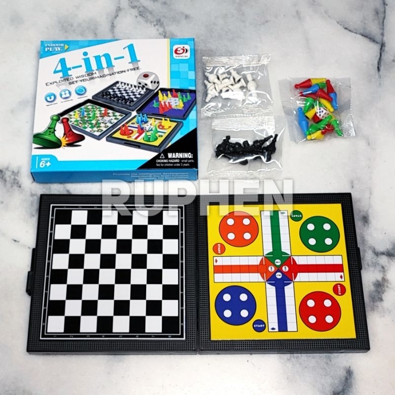 Jual Board Game Mini 4 in 1 Catur Ular Tangga Ludo Halma