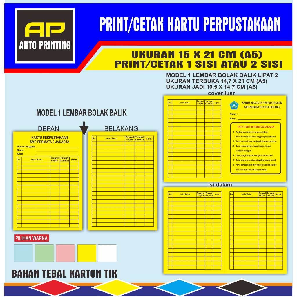 Jual KARTU PINJAM PERPUSTAKAAN /KARTU PERPUSTAKAAN SD/SMP/SMA ...