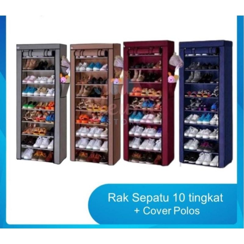 Jual Rak Sepatu 10 Tingkat + Cover Debu Polos Susun 9 Ruang Portabel ...