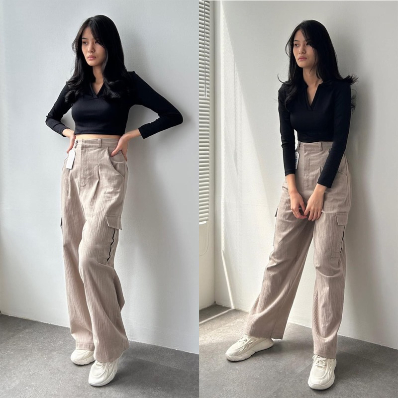 Jual Willow Cargo Pants Celana Kargo Linen Crinkle Highwaist Baggy