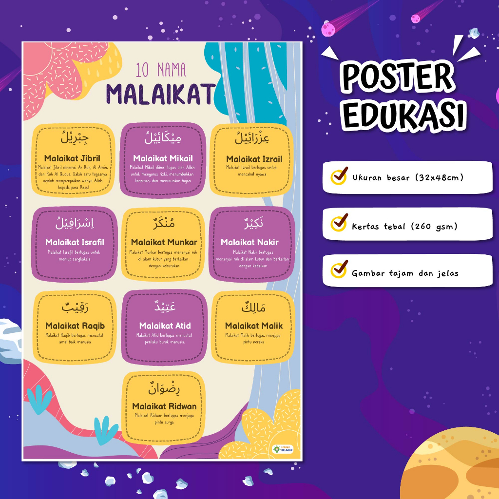 Jual Lembar Belajar Poster Edukasi Mengenal 10 Nama Malaikat dan