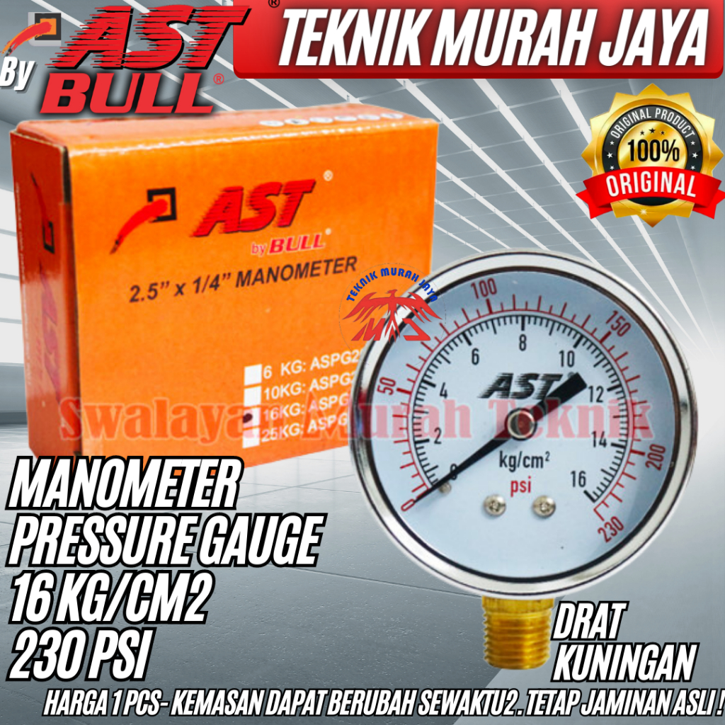 Jual AST Manometer Pressure Gauge 16 kg/cm2 230 psi Drat Kuningan Kompresor Shopee Indonesia