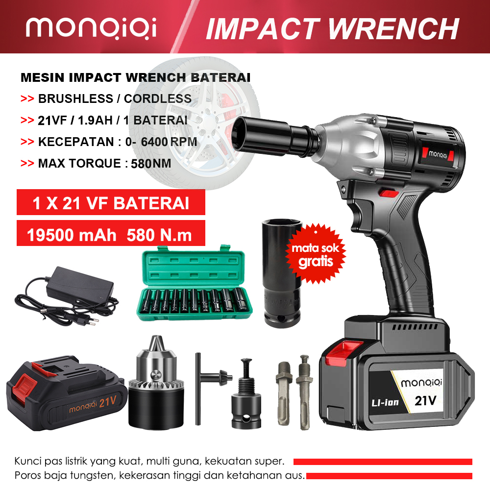 Jual Cordless Impact Wrench 21V 330N.M Soket Listrik Torsi Reverse Ban ...