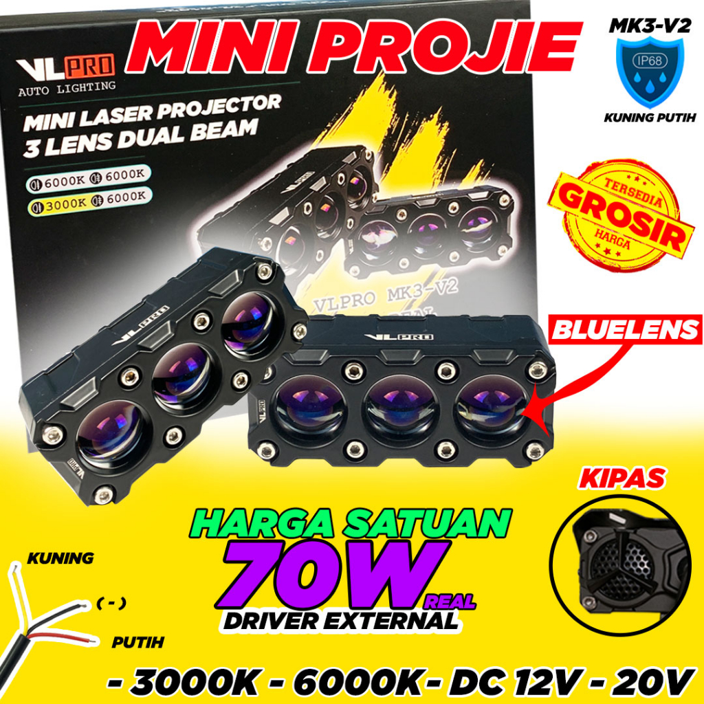 Jual Harga Satuan Mini Projie 3 Mata BLUE LENS VLPRO MK3-V2 Bi-LED SQL ...