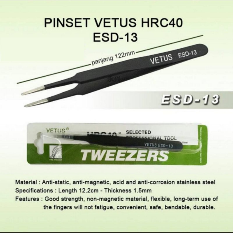 Jual ESD 13 Pinset Tweezers Lurus Tumpul Tebal VETUS HRC40 Hitam 135mm