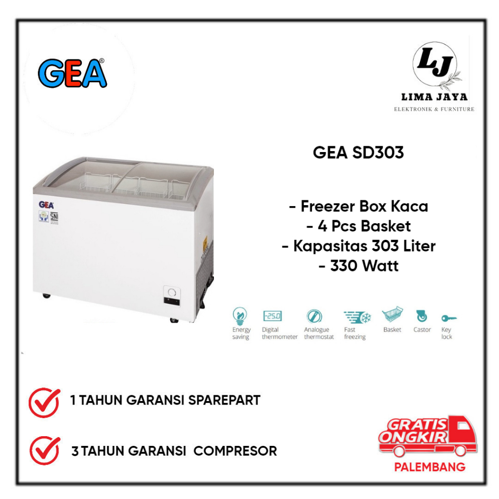 Jual Chest Freezer GEA Kaca SD303 Freezer Box Lemari Pembeku 303 Liter