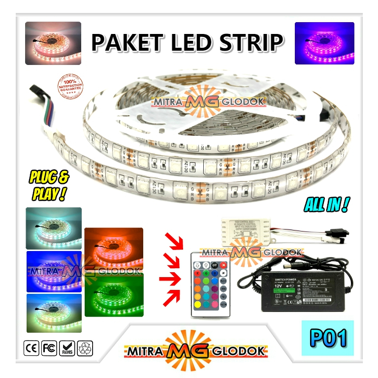 Jual PAKET LENGKAP LED STRIP RGB PLUS REMOTE CONTROL FULL COLOR WARNA ...